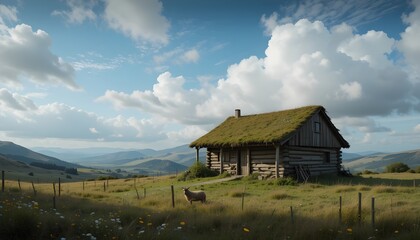A rustic log cabin with a grass roof in a scenic mountain landscape