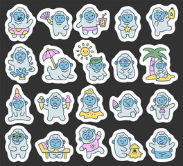Yeti summer character set kawaii animal enjoying beach vacation with food drink swimming relaxing resting under sun with cute funny emotions for your projects