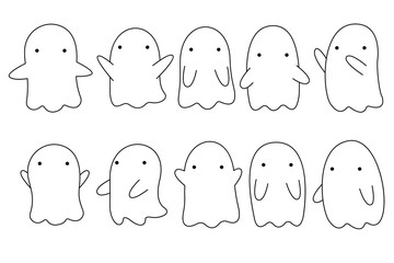 Simple cartoon ghost set. Halloween little ghost in cute kawaii style. Doodle funny smiling samhain ghosts set, spirit on white background. Trick or treat stock image isolated on white.