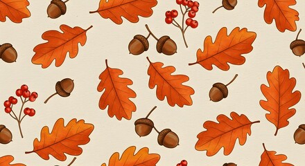 Obraz premium Autumn seamless pattern features acorns, oak leaves, and berries in warm tones.