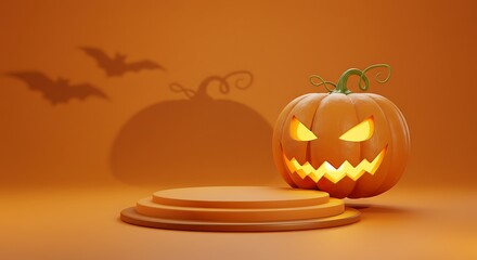 3D pedestal podium, orange background. Pumpkin shadow with flying bat . Halloween Jack o lantern display showcase.