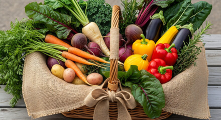 A wicker basket filled with a variety of fresh vegetables including carrots and peppers and leafy greens ai generated