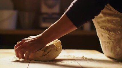 Person kneading dough, preparing bread, in a rustic kitchen, for food blogs