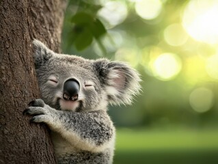 Obraz premium A cute koala hugs a tree, eyes closed, basking in a serene, sunlit environment, embodying tranquility and comfort in nature.