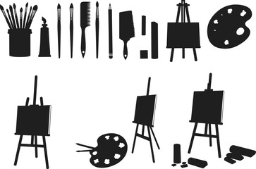 Silhouette art tools set, paintbrushes, palette, easel, canvas, pencil, comb, tube, roller, creative painting equipment, black vector illustration for artists