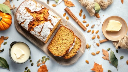 Rustic autumn pumpkin bread with butter and cream on a wooden board surrounded by fall leaves