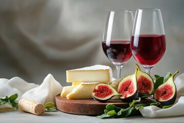 Elegant cheese and fig platter with candlelight and wine in festive holiday setting