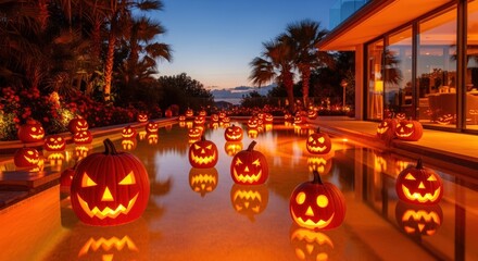 Fototapeta premium Spooky Halloween night with glowing carved pumpkins floating in a luxury pool