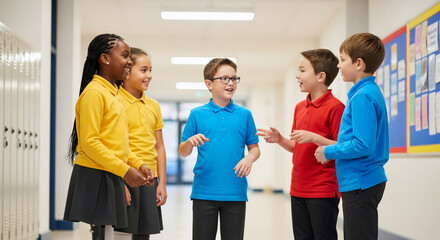 Happy diverse schoolchildren talking in hallway