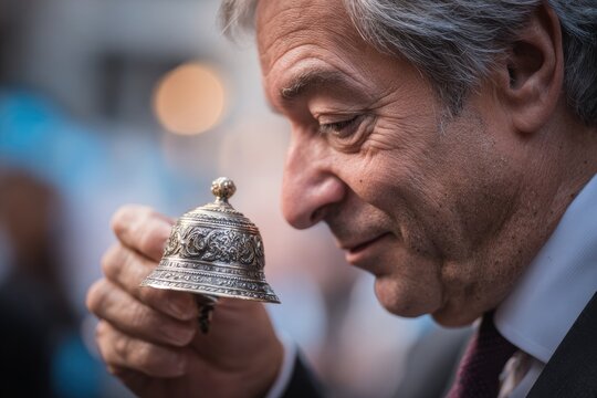 Elderly man gazes fondly at a silver ornate bell held in his hand captured in a closeup shot