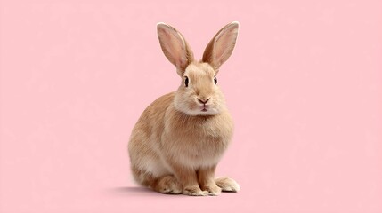 A cute, fluffy light brown rabbit with large ears, sitting gracefully against a soft pink background.