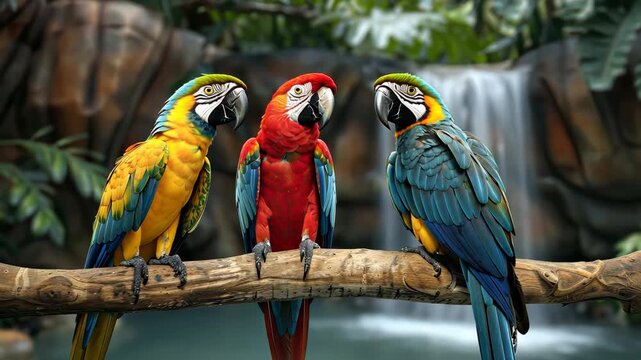 Three vibrant parrots interact on a branch surrounded by greenery and the soothing sound of a nearby waterfall enhancing nature's beauty