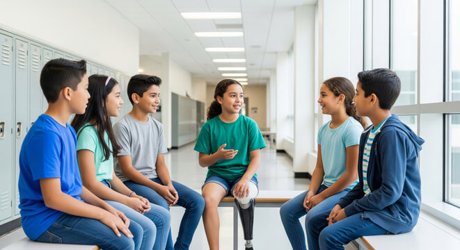 Kids talking at school with girl using prosthetic leg