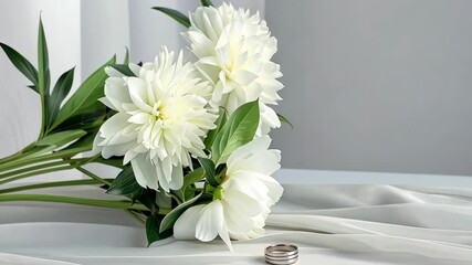 A lovely arrangement features white flowers and wedding rings resting on delicate fabric, creating a serene and romantic atmosphere