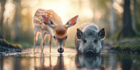 A fawn and a wild boar drink from a tranquil stream, surrounded by soft light and lush greenery, capturing a serene moment in nature.