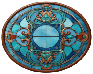 Circular stained glass window with intricate blue teal and copper decorative patterns ornate floral motifs and elegant swirling lines creating vibrant artistic and classic design