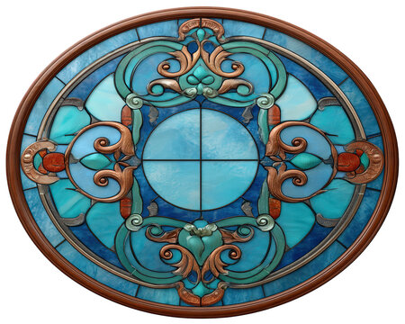Circular stained glass window with intricate blue teal and copper decorative patterns ornate floral motifs and elegant swirling lines creating vibrant artistic and classic design