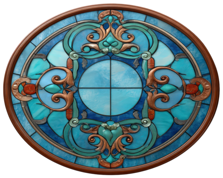 Circular stained glass window with intricate blue teal and copper decorative patterns ornate floral motifs and elegant swirling lines creating vibrant artistic and classic design