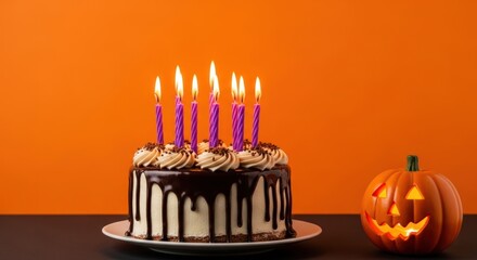 Festive Halloween cake with lit candles and glowing jack-o'-lantern, vibrant scene