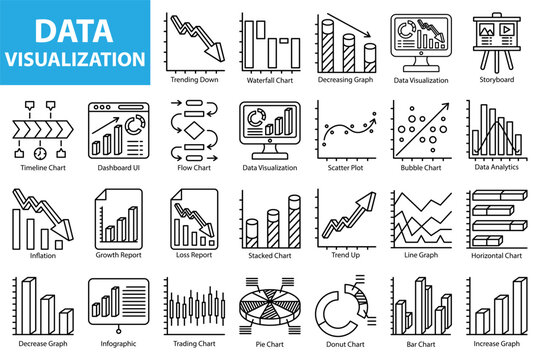 Data visualization icon set including charts, graphs, analytics, reports, dashboard, infographic, and diagrams for business and finance presentations.