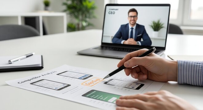 Strategic Insight: UX Designer Presents a Competitor Analysis to an Impressed CEO via Video Conference