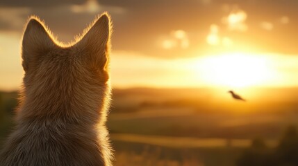 A dog watches a stunning sunset, capturing a serene moment in nature as the sun sets behind rolling hills and a distant bird flies by.