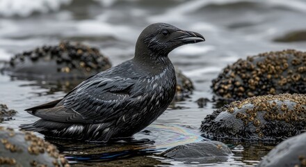 A dark-feathered seabird standing on barnacle-covered rocks by the water's edge, observing its natural coastal environment.