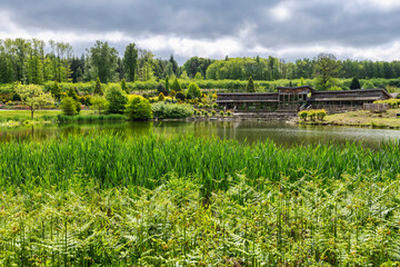 The cafe and lake at the Bedgebury Pinetum near Goudhurst in Kent, England