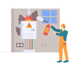 Electrician Controlling Electrical Fire with Extinguisher concept, firefighter in action vector design, Electric Profession banner, Low High Voltage Power Supply scene, Handyman repairman illustration