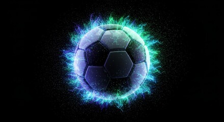 Naklejka premium Futuristic soccer ball radiating electric energy on a dark isolated background