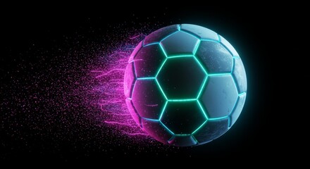 Naklejka premium Dynamic Soccer Ball with Neon Accents and Particle Trails on Dark Backdrop