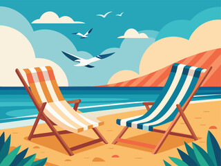 Hello Summer Beach Illustration with Deck Chairs