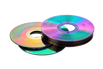 Colorful stacked CDs reflecting light creatively in a vibrant display, capturing the essence of nostalgia and music in a modern world isolated on transparent background