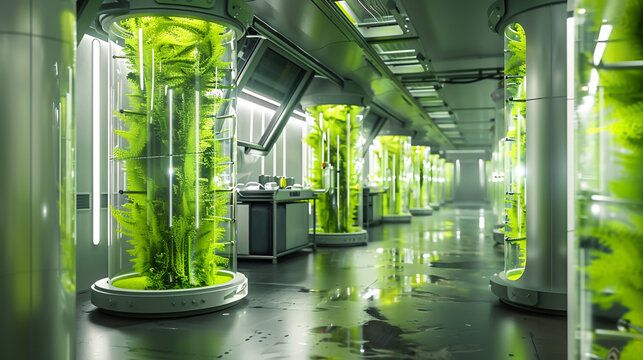 Modern eco-lab interior featuring cylindrical algae photobioreactors, symbolizing renewable energy, pharmaceutical research, and green innovation, bright ambient lighting, ultra-realistic