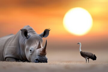 A serene scene featuring a rhinoceros resting while an ostrich stands nearby, set against a stunning sunset backdrop.