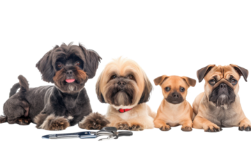 A delightful gathering of playful dogs, showing their unique personalities while posing side by side in a bright studio setting isolated on transparent background