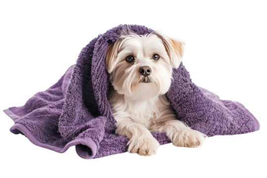 A cozy little dog wrapped in a soft purple towel, relaxing on a bright background, enjoying a warm and comforting moment isolated on transparent background