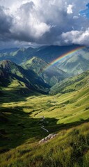 Fototapeta premium Mountain valley, rainbow, dramatic clouds
