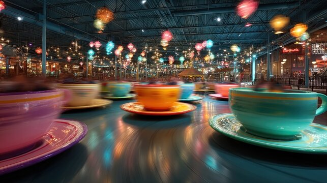 Vibrant teacup ride in motion, showcasing festive lights and dynamic movement