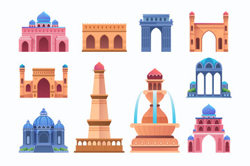 Hand-Drawn Flat Composition of Famous Indian Palaces Collection
