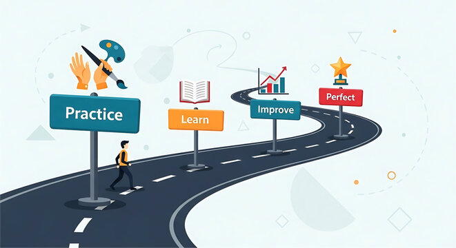 The Road to Mastery: A Visual Journey of Skill Development Through Practice, Learning, Improvement, and Reaching Perfection via a Step-by-Step Process