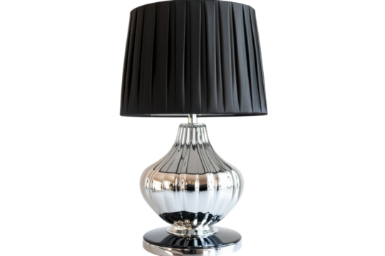 A sleek silver lamp with a textured black shade adds modern elegance to a minimalist interior setting in bright light isolated on transparent background