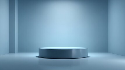 Fototapeta premium Beautiful photo of minimalist, premium 3D podium centered in the frame, smooth circular design with soft matte and glossy surfaces, elegant light blue and deep blue color.