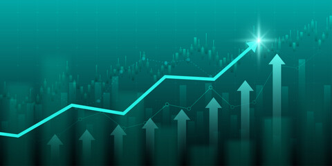 Obraz na płótnie Canvas technology financial graph with uptrend line arrow and bar chart of stock market on blue color background