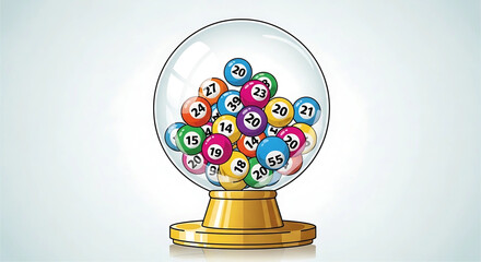 Conceptual illustration showing a lottery machine with colorful bingo balls with random numbers inside 