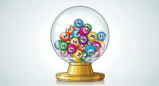 Conceptual illustration showing a lottery machine with colorful bingo balls with random numbers inside 