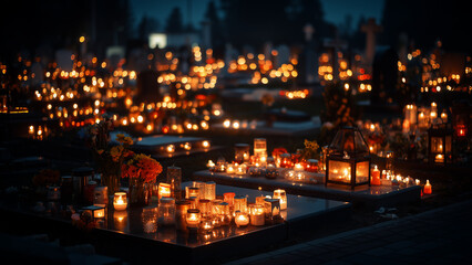 Obraz premium All Saints' Day Cemetery Illuminated by Candlelight and Flowers at Night