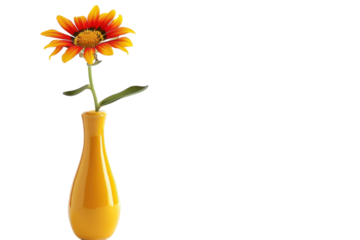 A vibrant orange and yellow flower gracefully stands in a simple yellow vase against a bright, minimalistic background isolated on transparent background