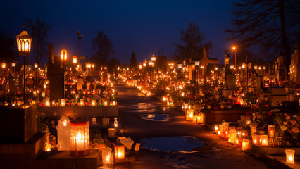 All Saints' Day Cemetery Illuminated by Candlelight and Flowers at Night
