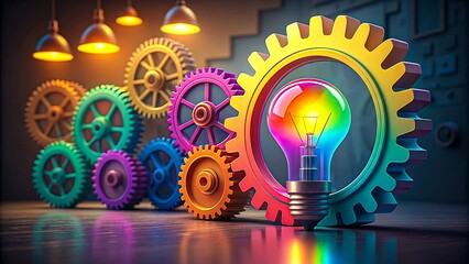 Title: Colorful light bulb with rainbow glow inside large gear with multiple gears in background 
